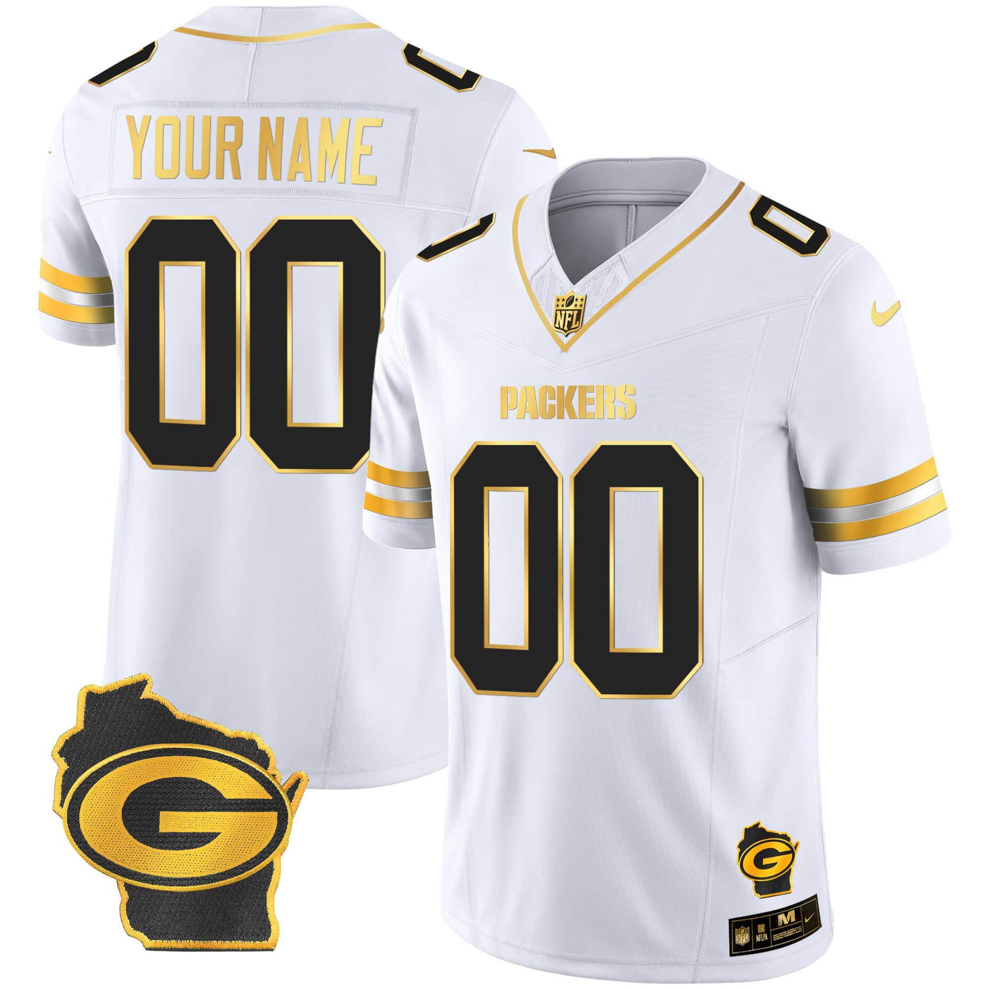 Men Green Bay Packers White Gold 2024 Nike Home Patch Vapor Custom NFL Jersey->customized nfl jersey->Custom Jersey